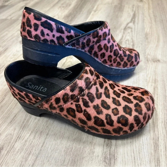 Sanita Rose Leopard Calf Hair Clogs – Danish Boho Wooden Mule Slip-Ons Sz 39 / 8 - Picture 1 of 13